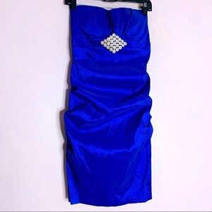 TAWNY Strapless queen of the night ruched sweetheart mini dress large royal blue